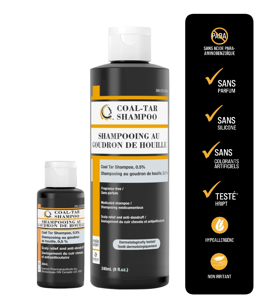 Front label of a white Coal Tar Shampoo bottle with 0.5% concentration. Includes bilingual text in English and French: "Shampooing au goudron de houille". Clearly marked as fragrance-free, silicone-free, PABA-free, and medicated for anti-dandruff. Displays "HRIPT PASS", "Hypoallergenic", and "Non-irritant" seals. Net content 240 mL (8 fl.oz.). Dermatologically tested product for scalp relief.